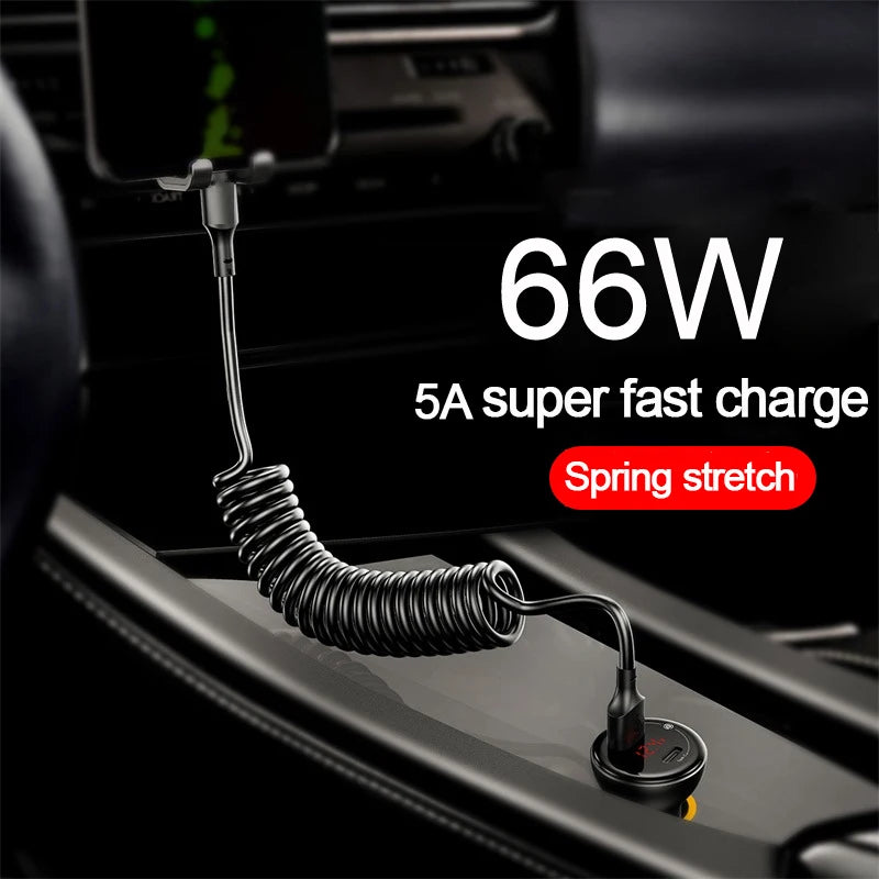 Ultra-Fast 66W Dual USB Spring Telescopic Cable – Extendable & Tangle-Free