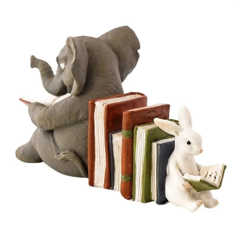 Whimsical Elephant & Rabbit Reading Bookends - Decorative Resin Sculptures