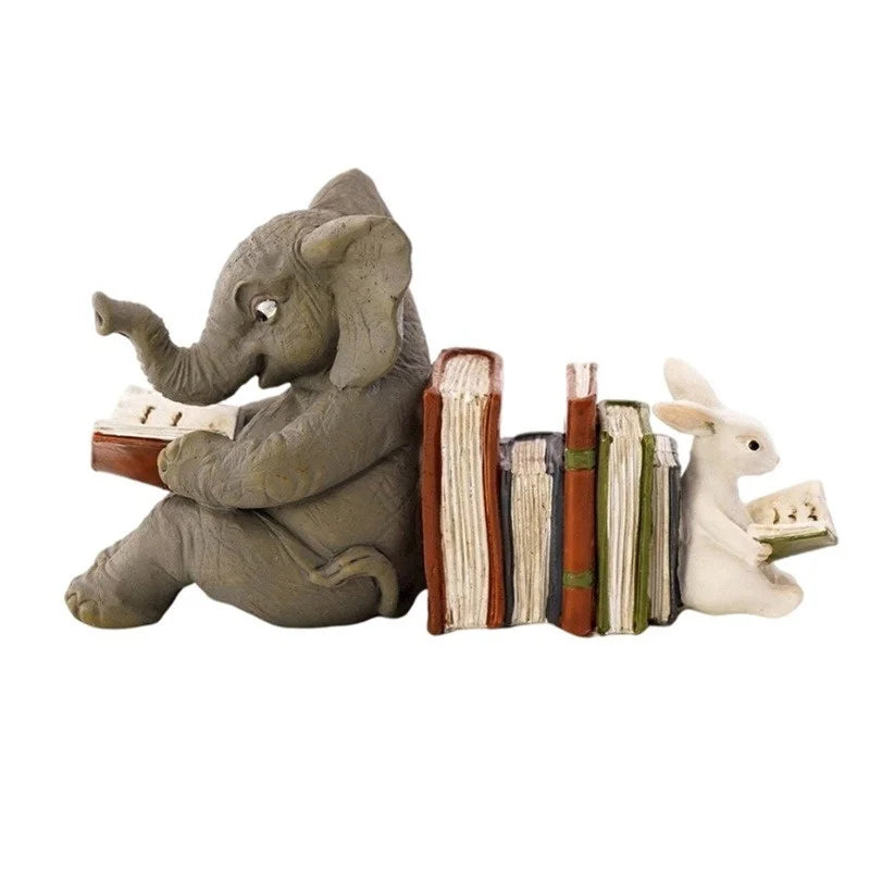 Whimsical Elephant & Rabbit Reading Bookends - Decorative Resin Sculptures