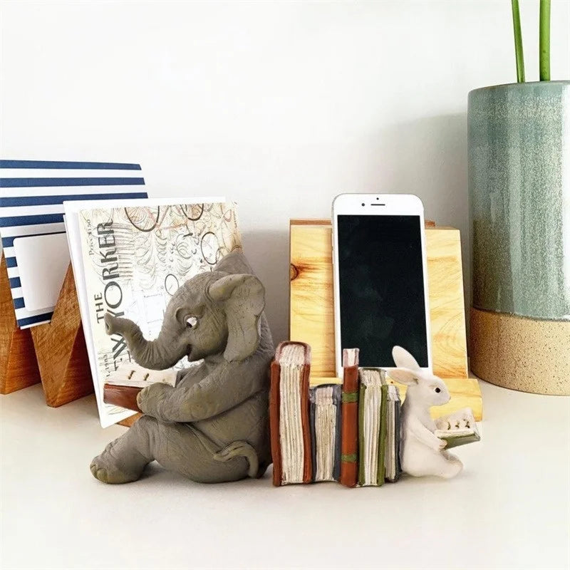 Whimsical Elephant & Rabbit Reading Bookends - Decorative Resin Sculptures