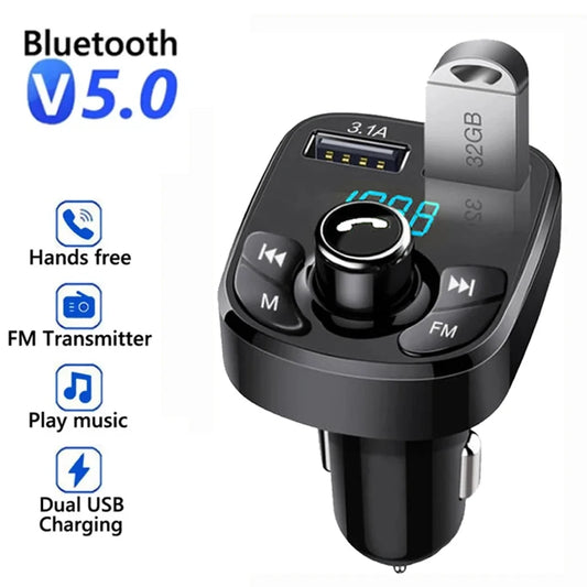 Car Charger FM Transmitter Bluetooth Audio - Dual USB, Hands-Free, High-Performance