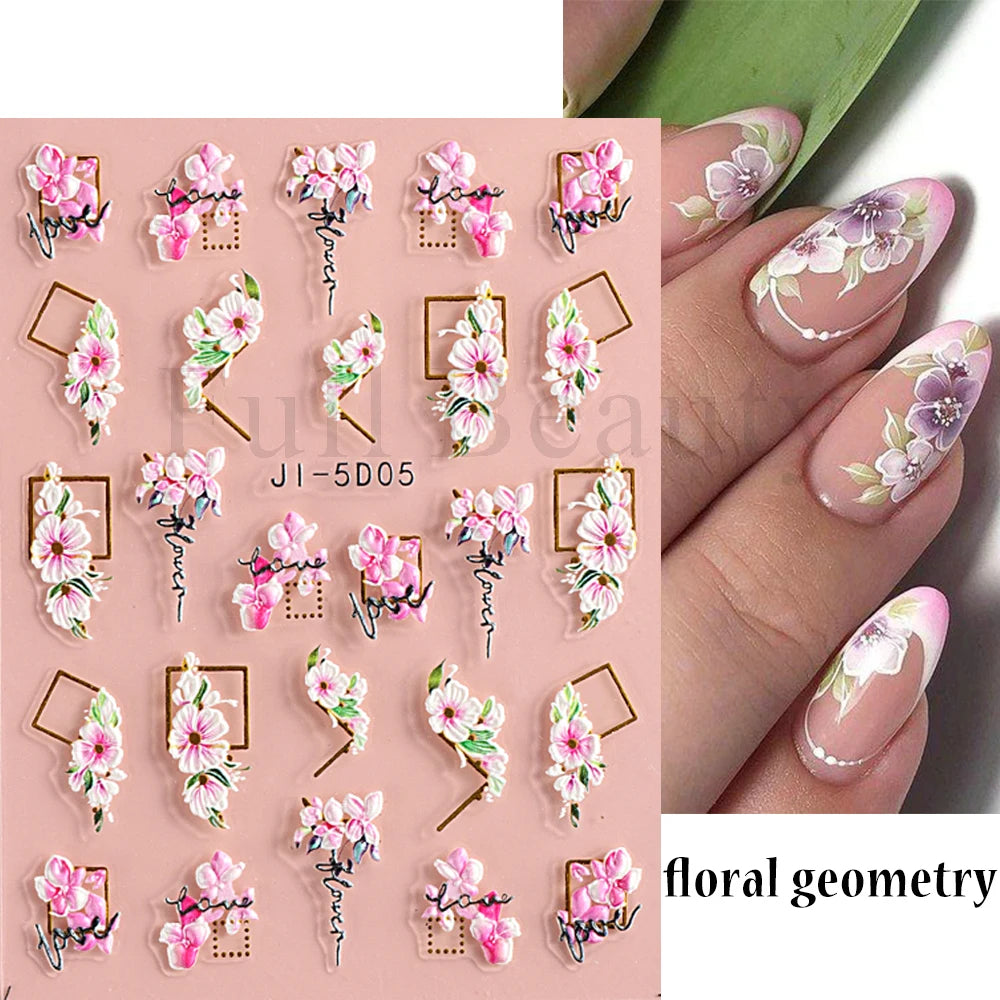 Floral Geometric Gold 5D Nail Art Stickers – Enhance Your Manicure