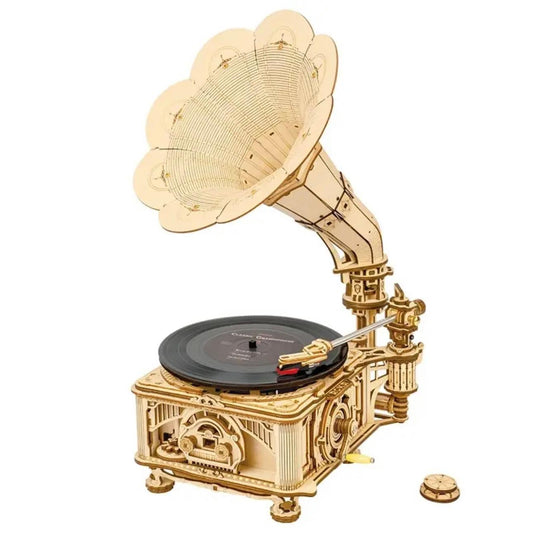 RetroCraft DIY Gramophone: Wooden Puzzle Model Kit with Hand Crank & Electric Versions