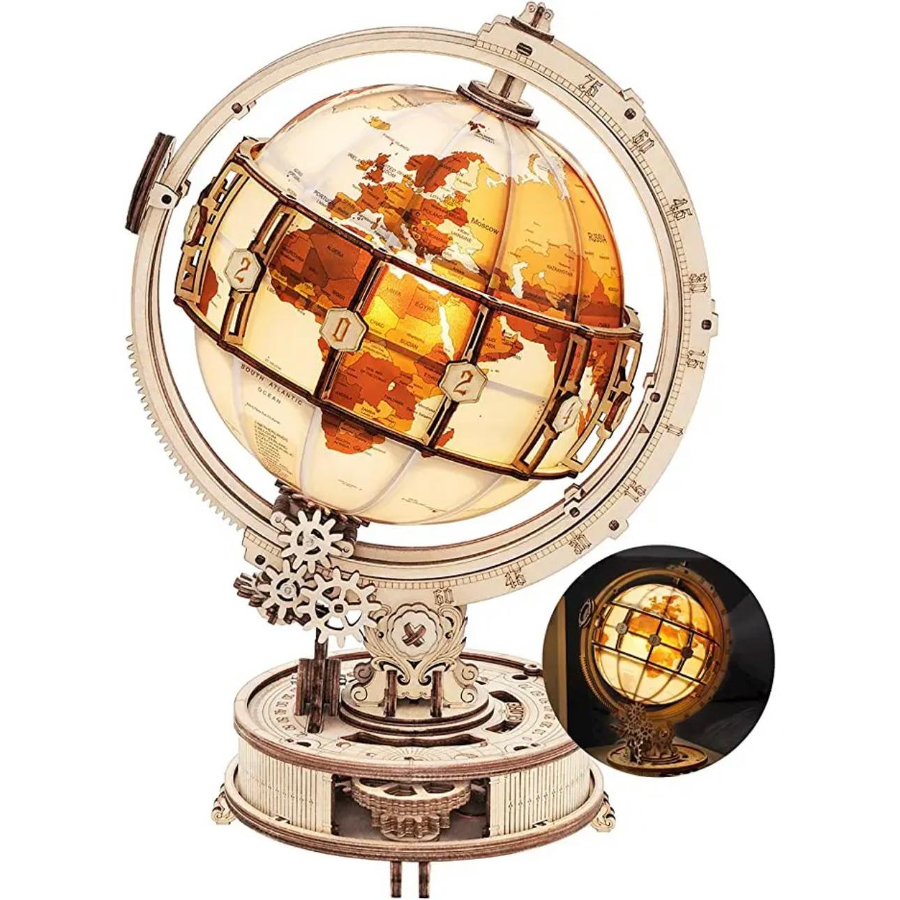 GlobeLight Explorer: 3D Wooden Luminous Globe Puzzle with LED