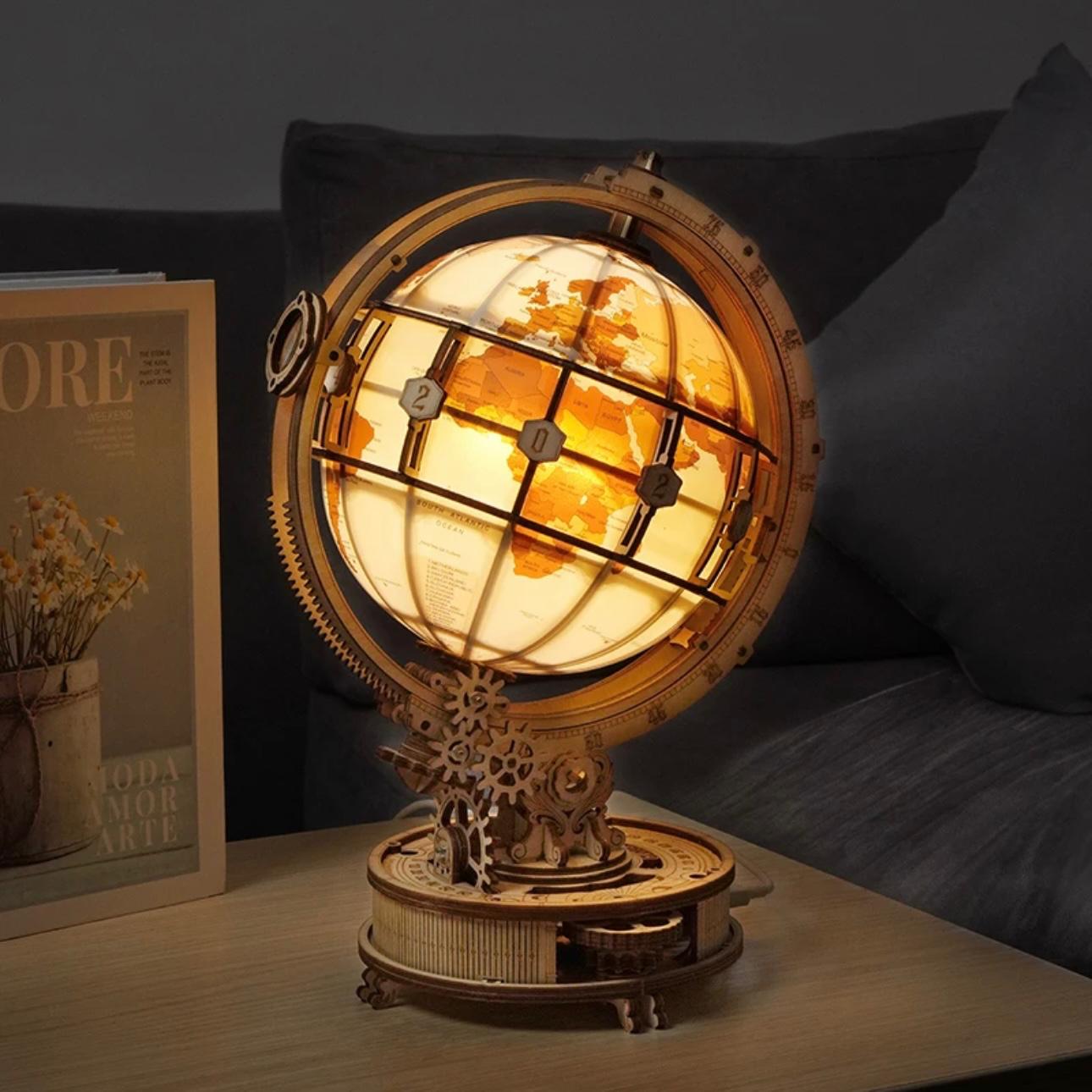 GlobeLight Explorer: 3D Wooden Luminous Globe Puzzle with LED