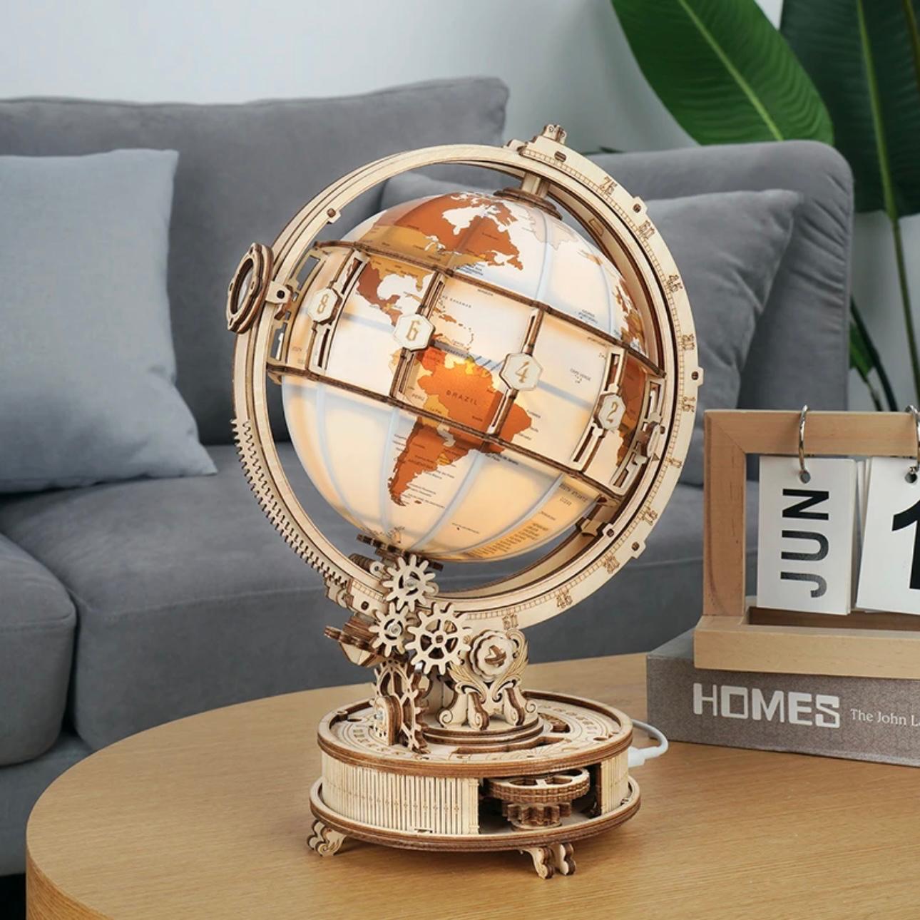 GlobeLight Explorer: 3D Wooden Luminous Globe Puzzle with LED