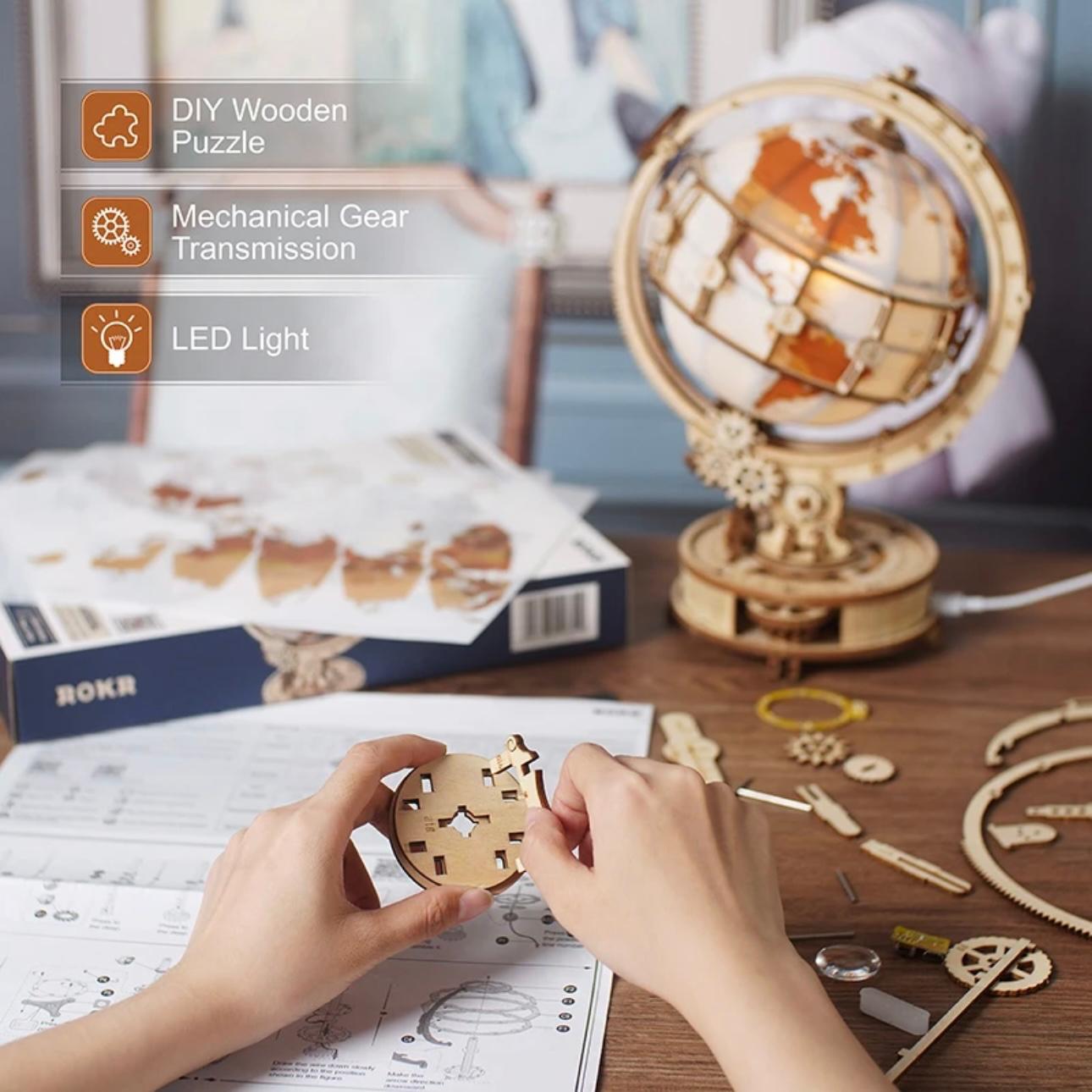 GlobeLight Explorer: 3D Wooden Luminous Globe Puzzle with LED